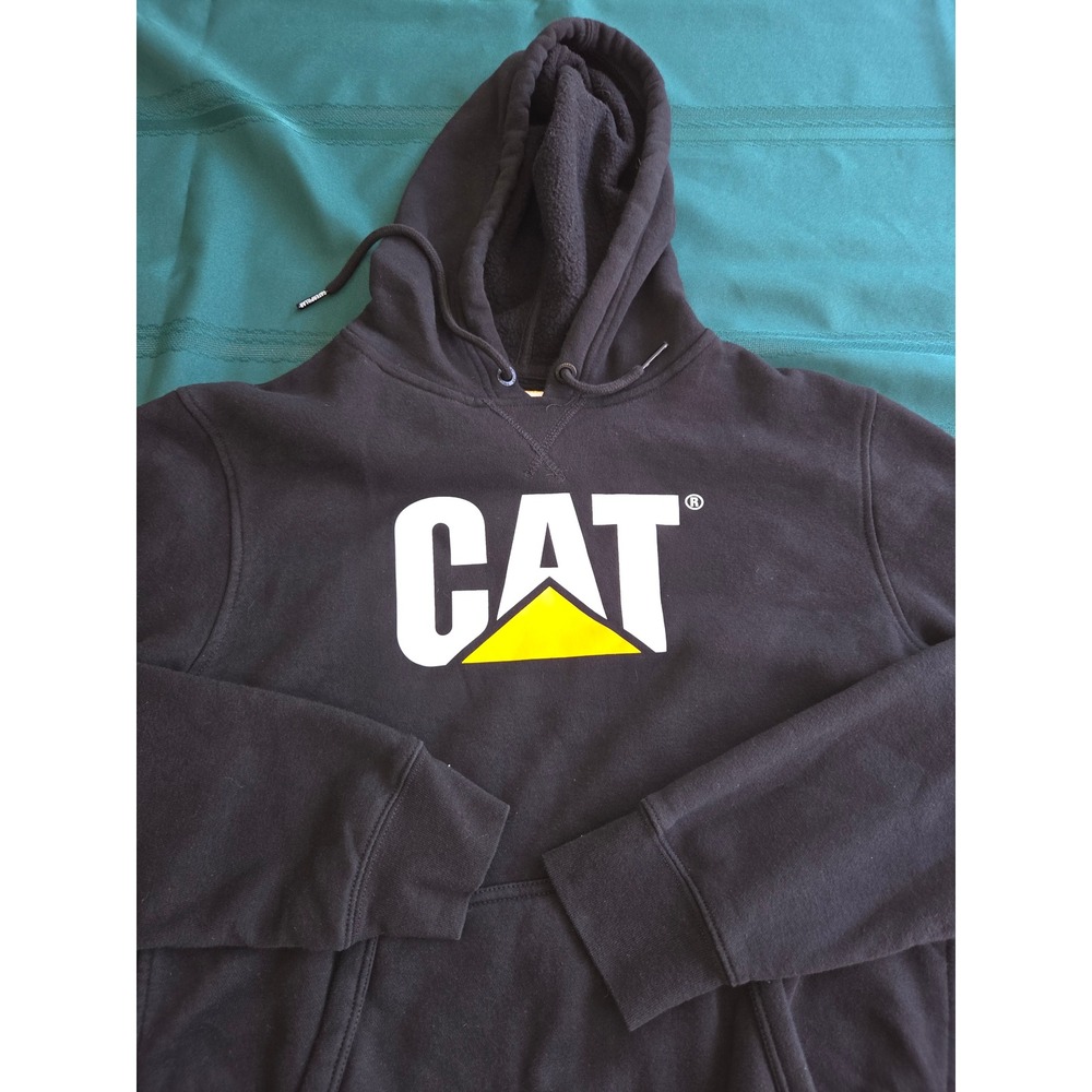 Caterpillar CAT Logo Hoodie Mens Medium Black Fleece Pullover Sweatshirt